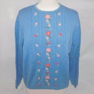 VTG Tulchan Womens XL Blue Pink White Embroidered Flowers Knit Sweater